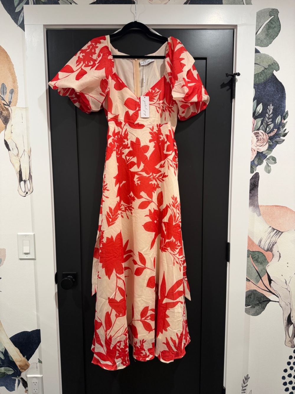 Petal & Pup Cream Maxi Dress with Bold Red Floral Print